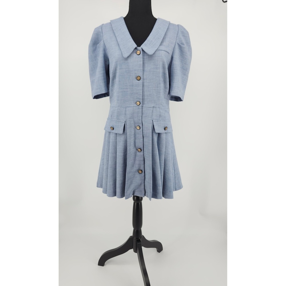 Tong Xuan Blue Pleated Mini Dress Short Sleeve Button Front Collar XL